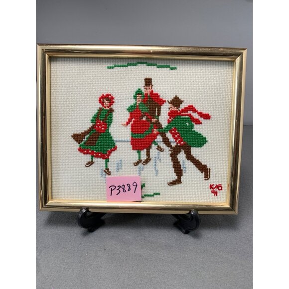 Vintage Framed Cross-Stitch Victorian Ice Skating Scene Signed KAB 1991 - Picture 9 of 9